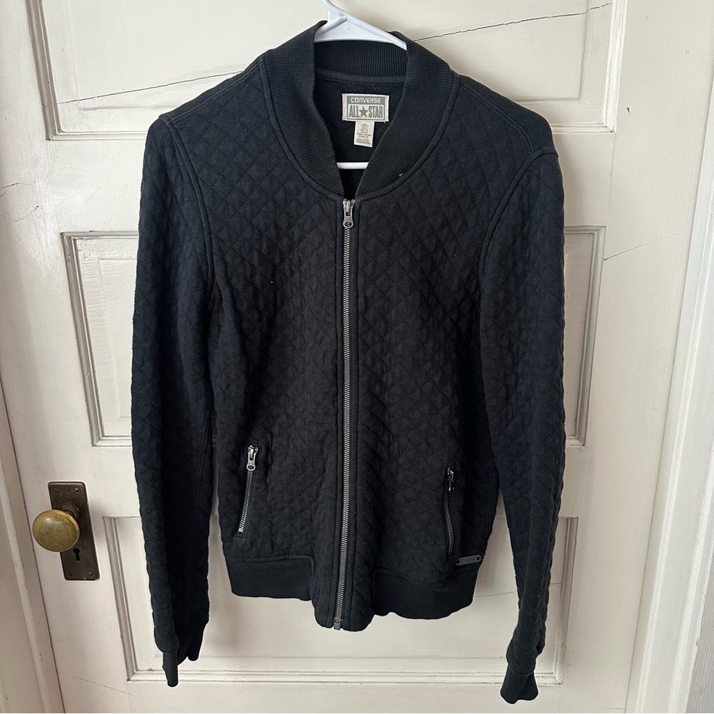 Converse All Star Quilted Black Bomber Jacket Full Zip Front Ribbed Collar